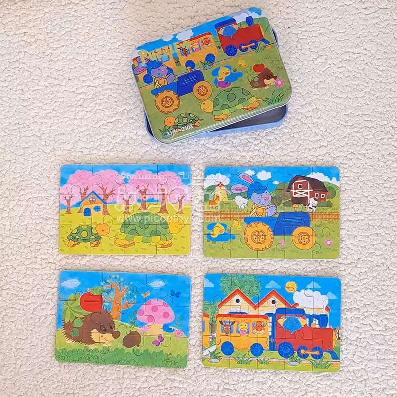 پازل چوبی حیوانات و وسایل نقلیه با قوطی فلزی مدل XHN0103