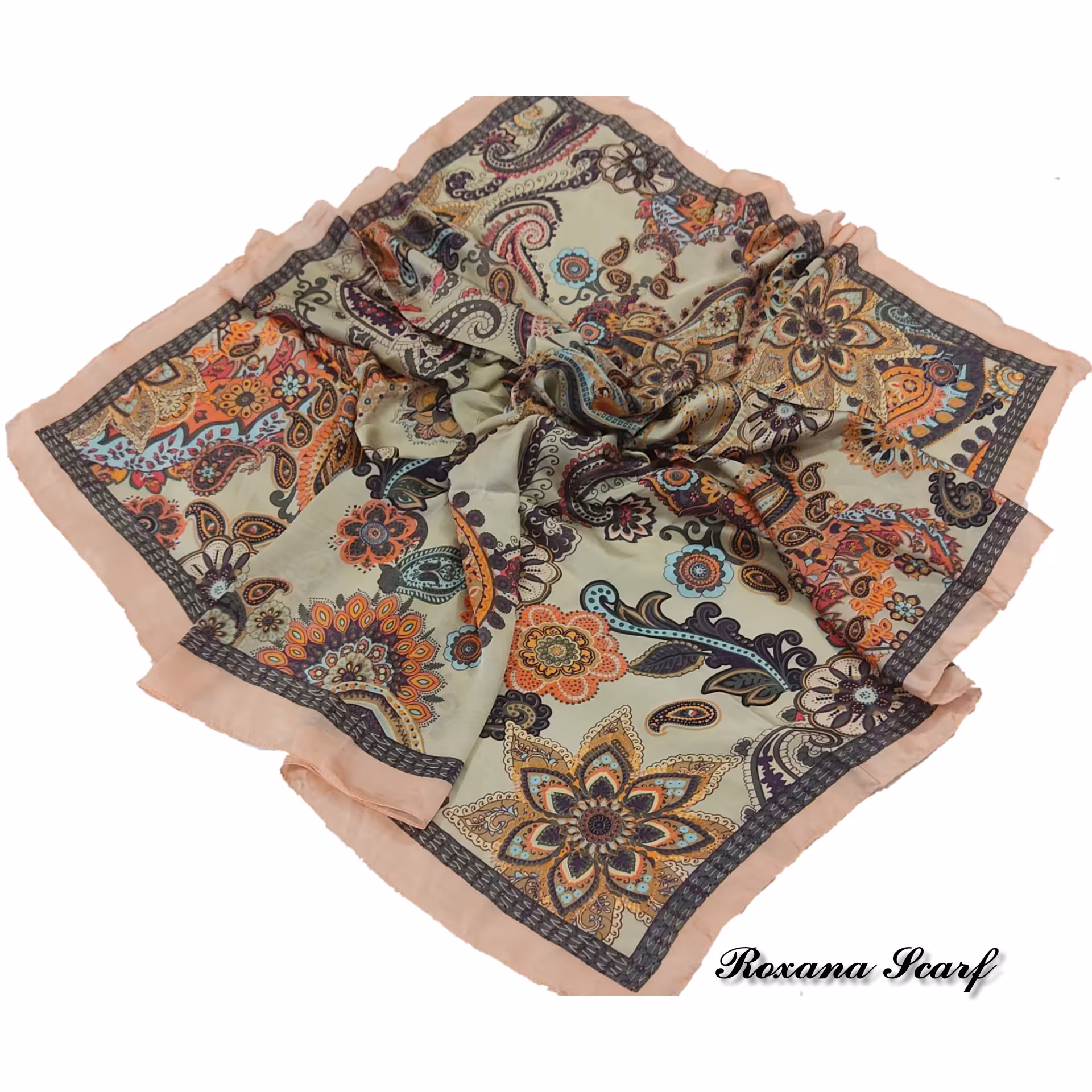 روسری حریر ابریشم کرم و صورتی