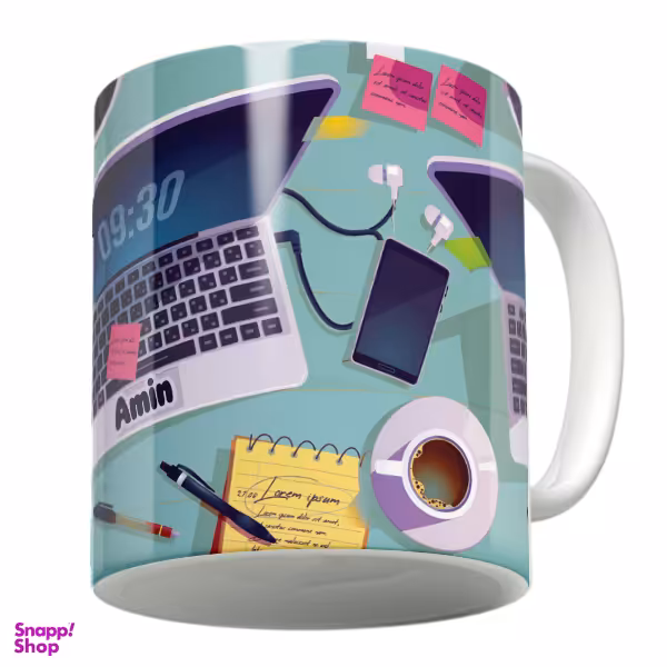 ماگ لاژید مدل اسم امین طرح لپ تاپ و میزکار