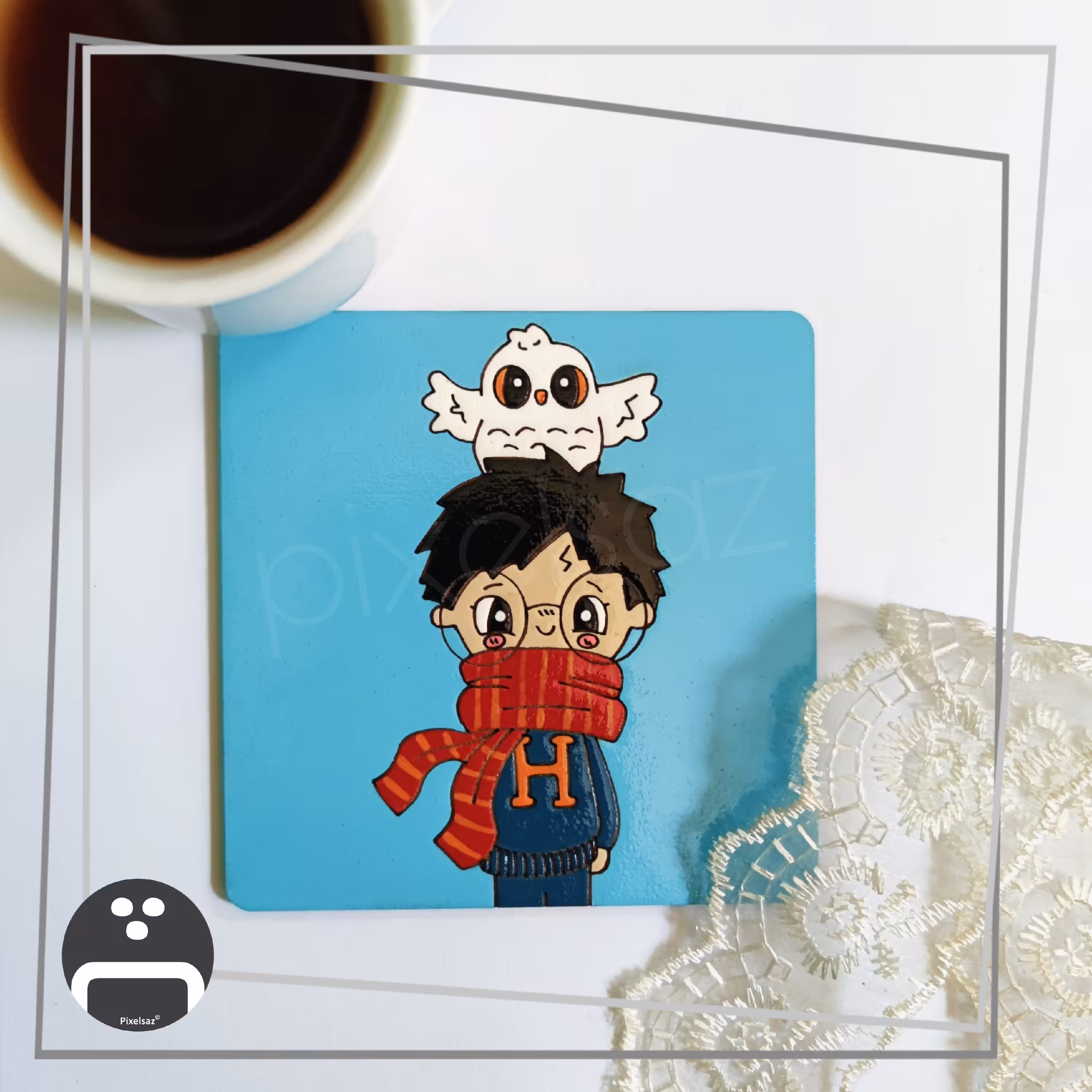 زیرلیوانی طرح هری پاتر پیکسل ساز - جنس چوب و نقاشی شده - ضدآب - سایز 9 در 9