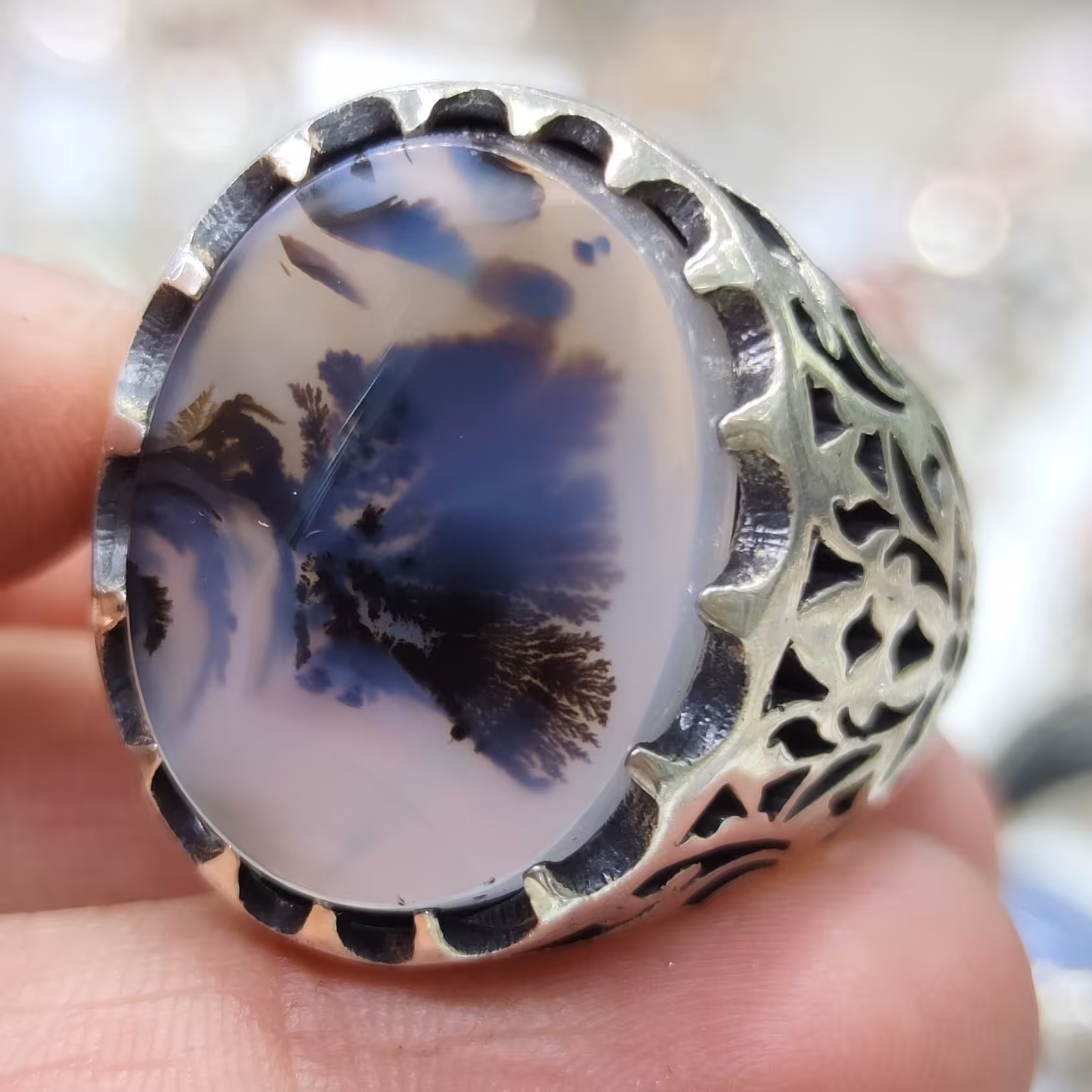 انگشتر نقره مردانه با نگین عقیق شجر اصلی و طبیعی بسیار خوش نقش