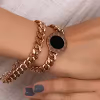 دستبند بولگاری مشکی استیل با زنجیر  کارتیه طلایی