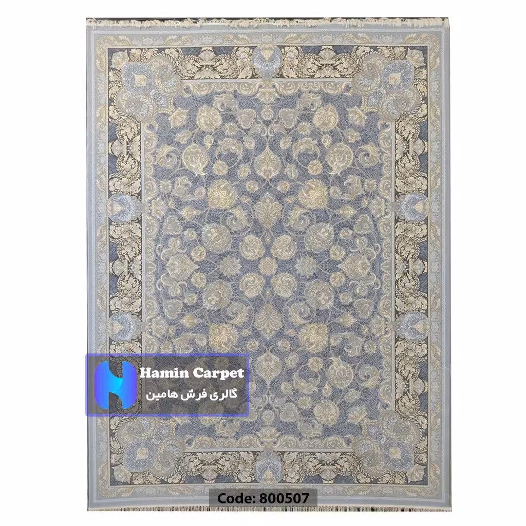 فرش 4 متری 700شانه تراکم 2550 نخ آکلریک رنگ زمینه نقره ای طلاکوب کد AR800507