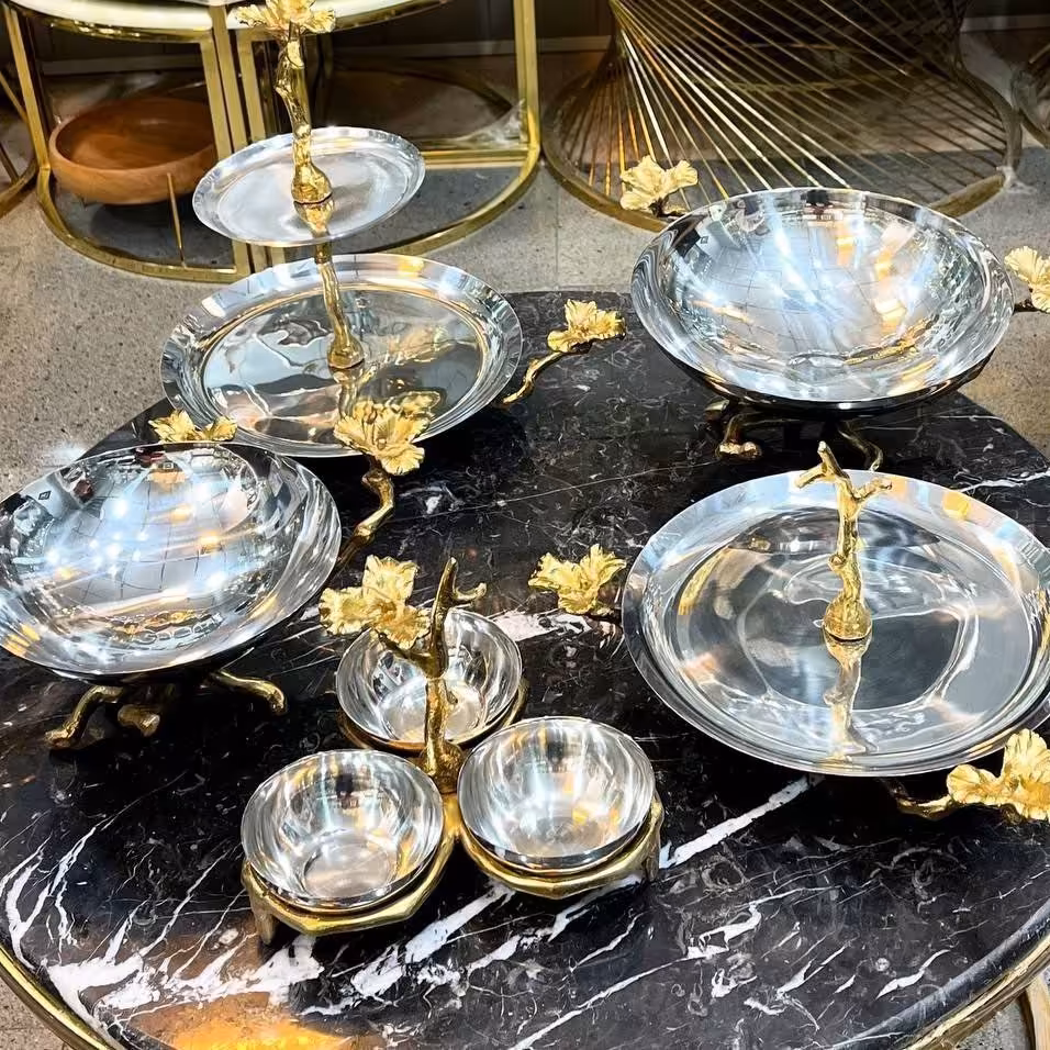 سرویس 5 تیکه پذیرایی فوق لاکچری استیل اصل و برنز خالص