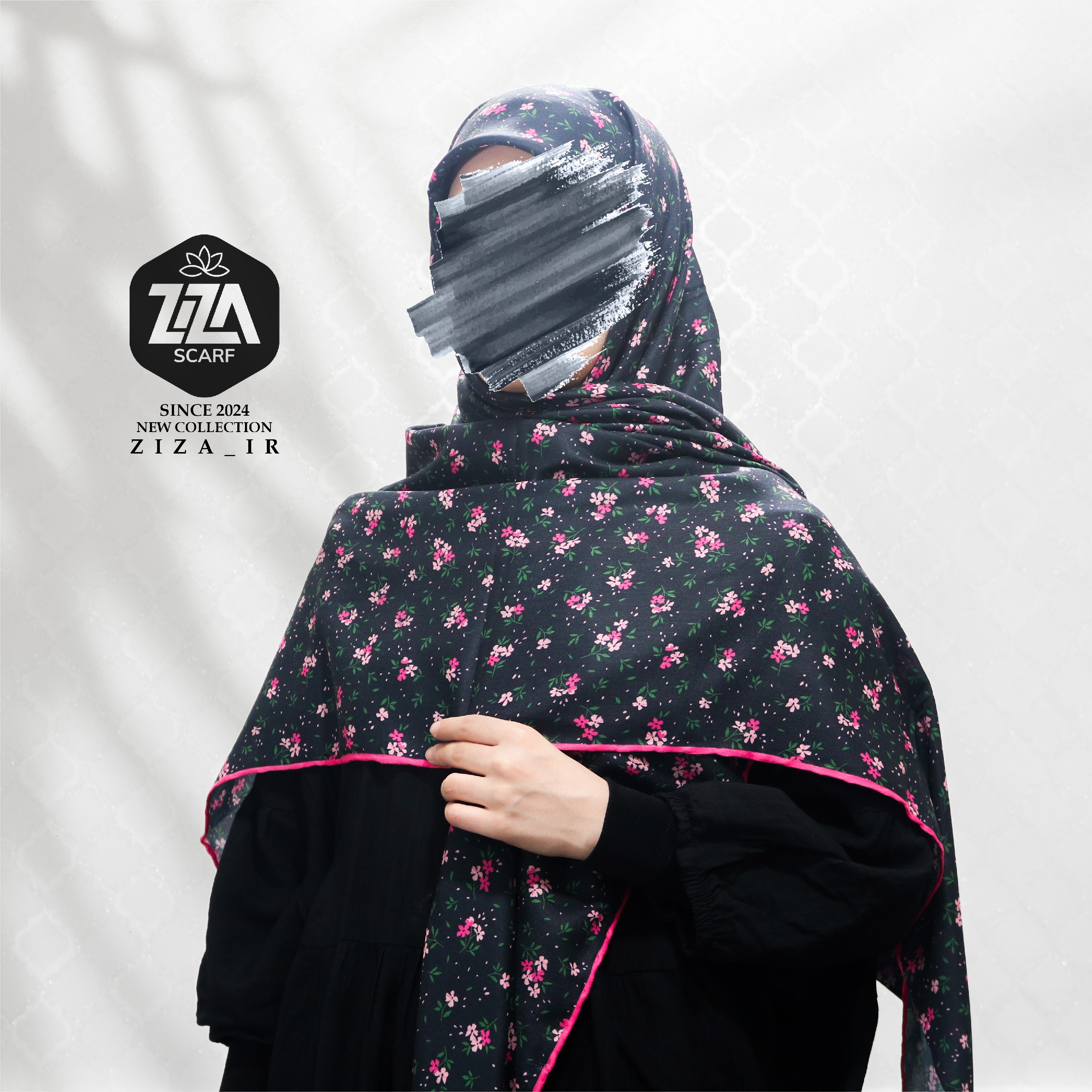 روسری سوپرکرپ قواره 140 مشکی صورتی گلدار
