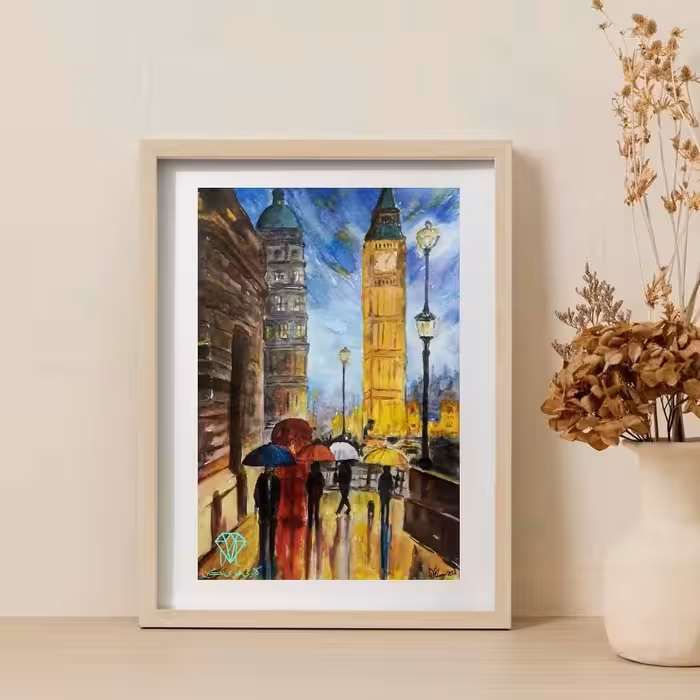 تابلو نقاشی آبرنگ طرح شهر بارانی (دارای قاب و پاسپارتو) با ابعاد 30 در 40