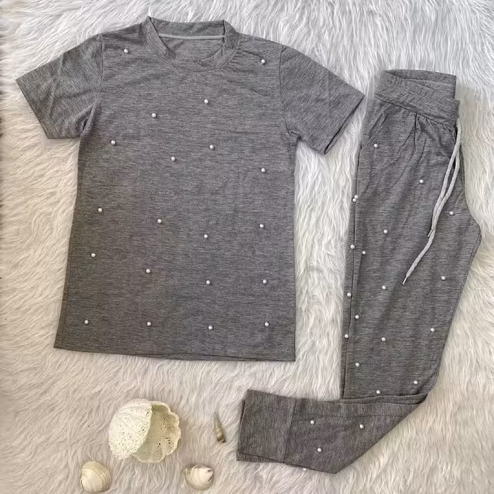 ست تیشرت شلوار اسپرت مرواریدی ملانژ زنانه دخترانه