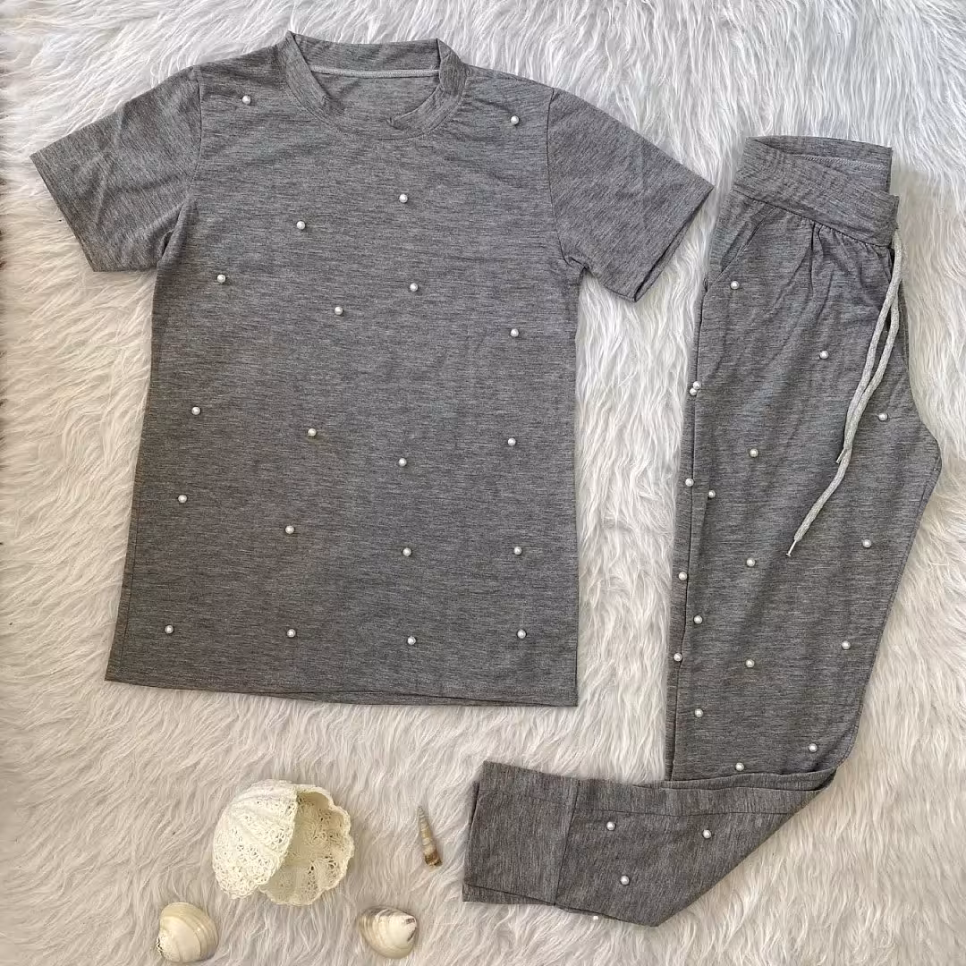 ست تیشرت شلوار اسپرت مرواریدی ملانژ زنانه دخترانه