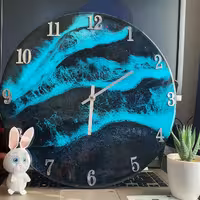 ساعت دیواری  رزینی طرح دریا دستساز   قطر 70  موج دریای آبی فیروزه ای ،موتور آرامگرد و عقربه استیل 