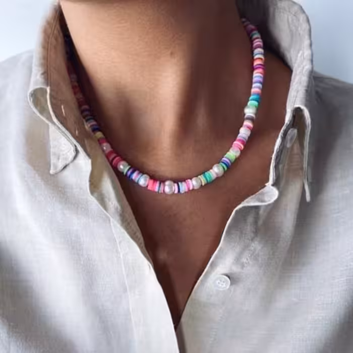 گردنبند دخترانه و زنانه فیمو  و مروارید چند رنگ 36 سانت