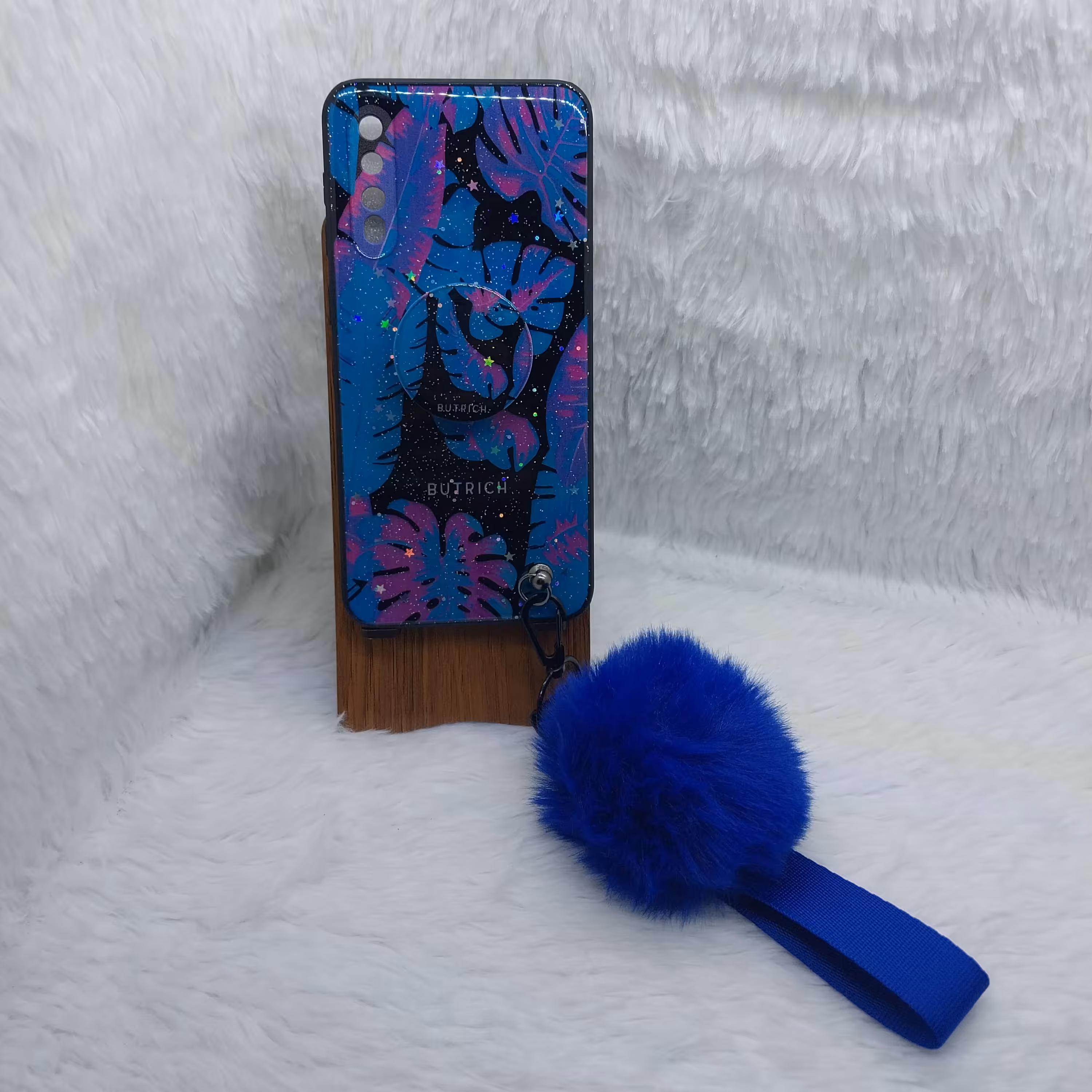 قاب گوشی A50 A30s مدل پام پام با پاپ سوکت و بند پام طرح برگ آبی مناسب گوشی Samsung A50 A30s A50s