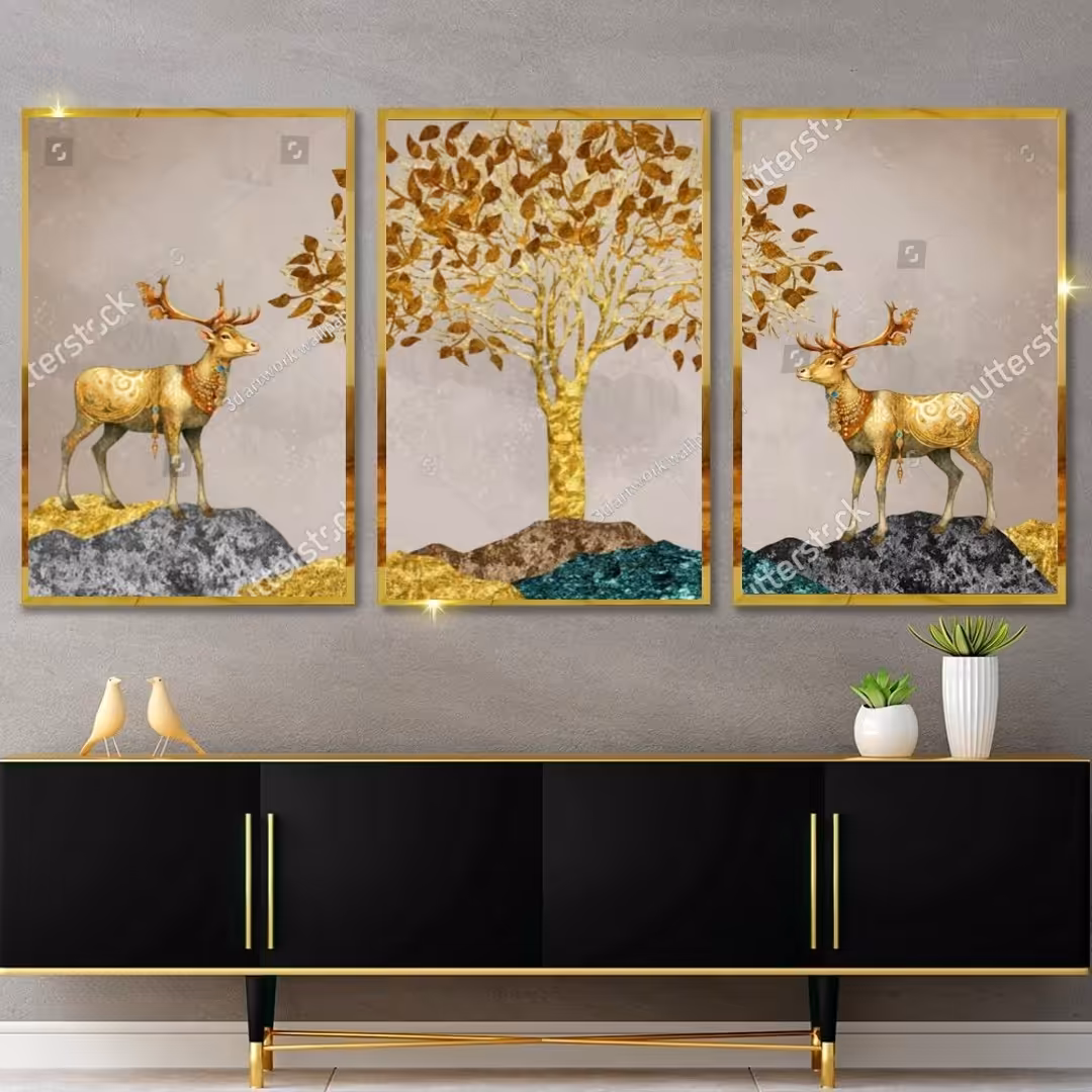 تابلو دکوراتیو سه تکه درخت وگوزن های طلایی 