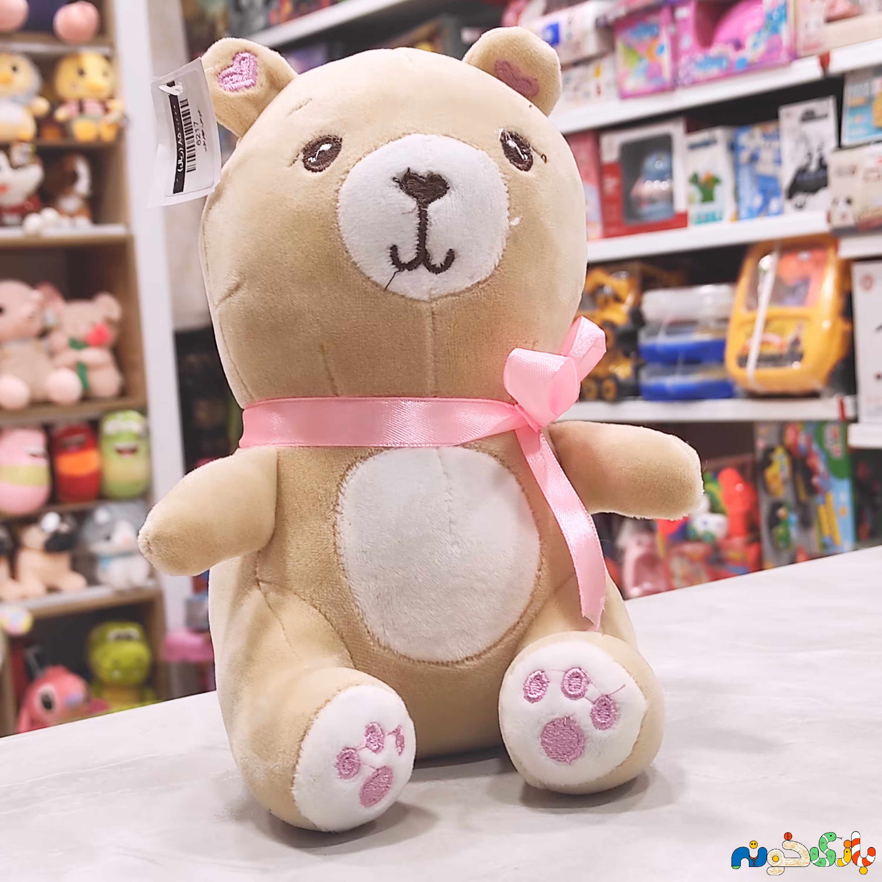 عروسک پولیشی خرس پاپنجه ای پاپیون دار ارتفاع 22 سانت 