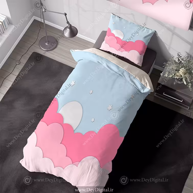 روتختی کودک طرح آسمان با ابرهای صورتی و ماه pk-3317