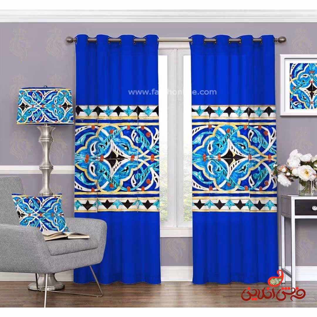 پرده سنتی آبی طرح کاشی کد 3312