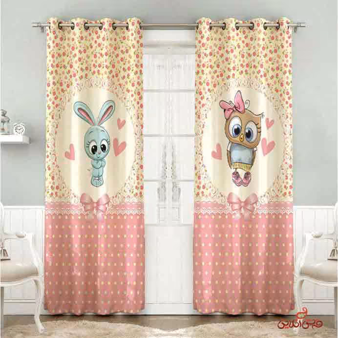 پرده 2عددی کودک طرح جغد و خرگوش صورتی کد 2465