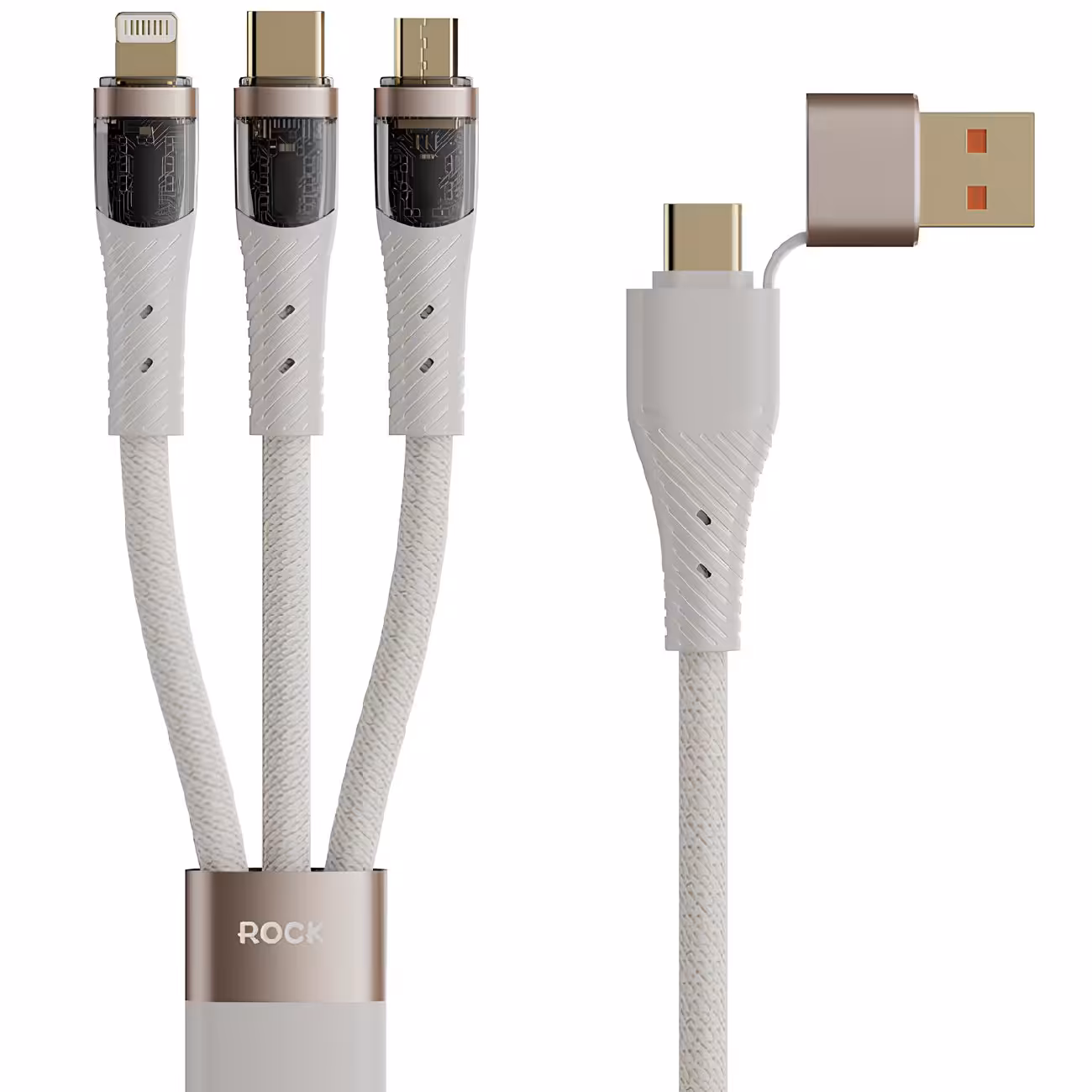 کابل سوپر فست شارژ چند سر تایپ سی و یو اس بی به تایپ سی، لایتنینگ و میکرو 100 وات 1.5 متری راک RCB0860