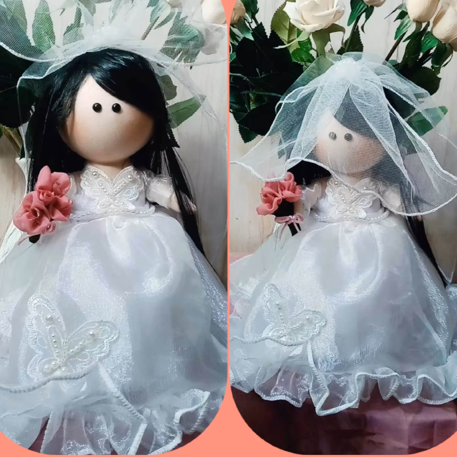عروسک روسی عروس، ارتفاع 25 سانت، دسته گل، تور کفش چرمی 