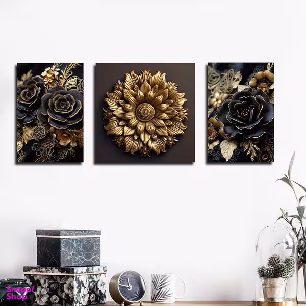 تابلو شاسی بکلیت طرح مدرن گل طلایی مدل SH-1761 مجموعه 3 عددی