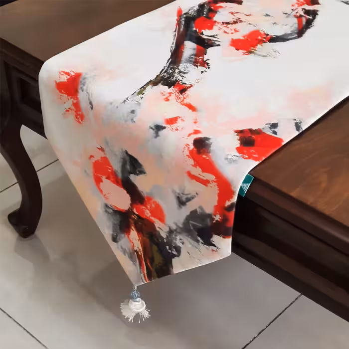 رانر مخمل آستر دار طرح تک شاخه طوسی ( سایز 35x135 ) منگوله دار