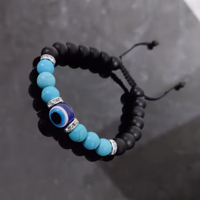 دستبند سنگ اونیکس مشکی مات و فیروزه طرح چشم نظر مردانه و زنانه 