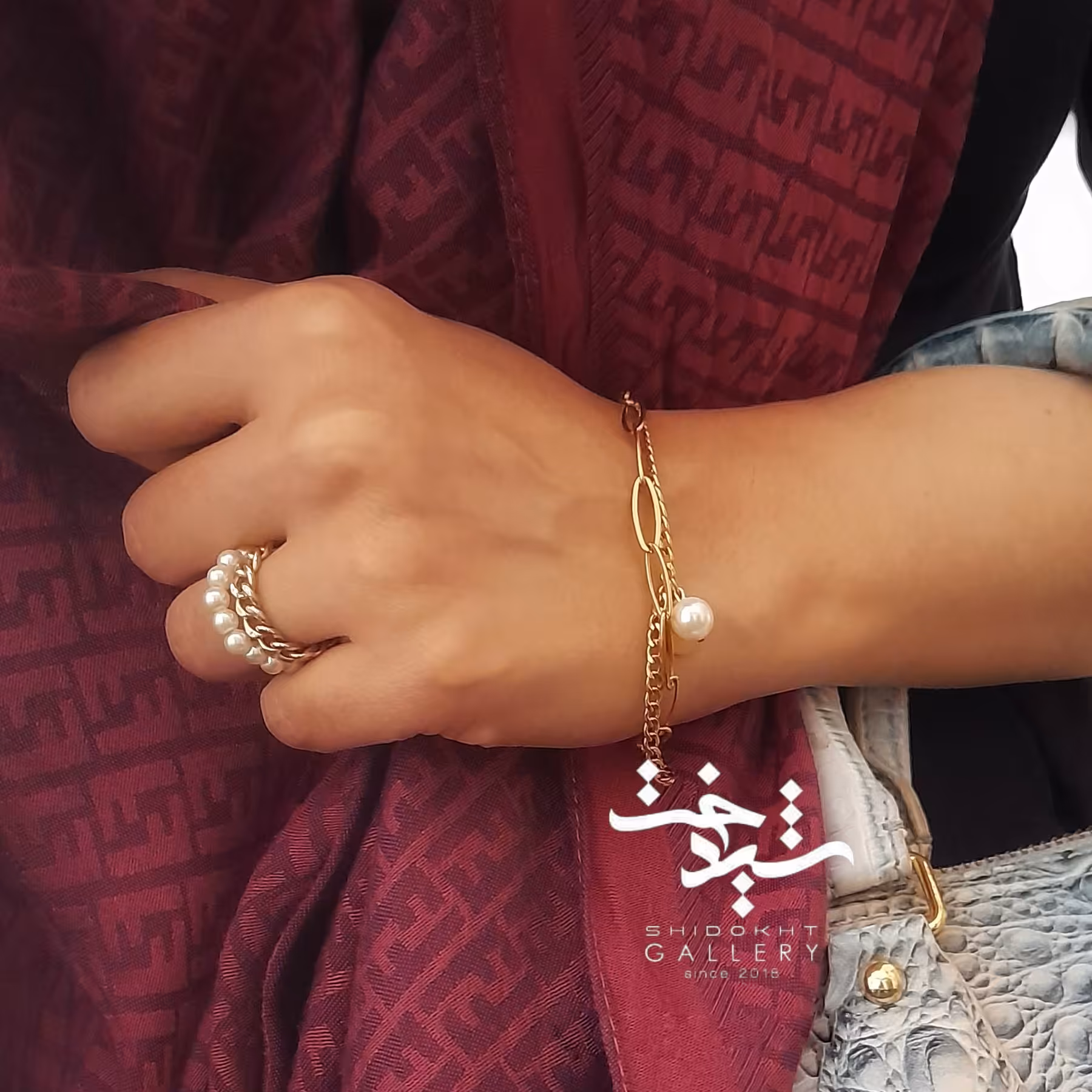 دستبند استیل دولاین سکه و مروارید اصل