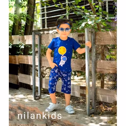 تیشرت شلوارک پسرانه طرح فضانورد پنبه صددر صد  تیشرت چاپ زول ، شلوارک تمام چاپ ،  سایز  ،45 ، 50 و 55 ، تک رنگ