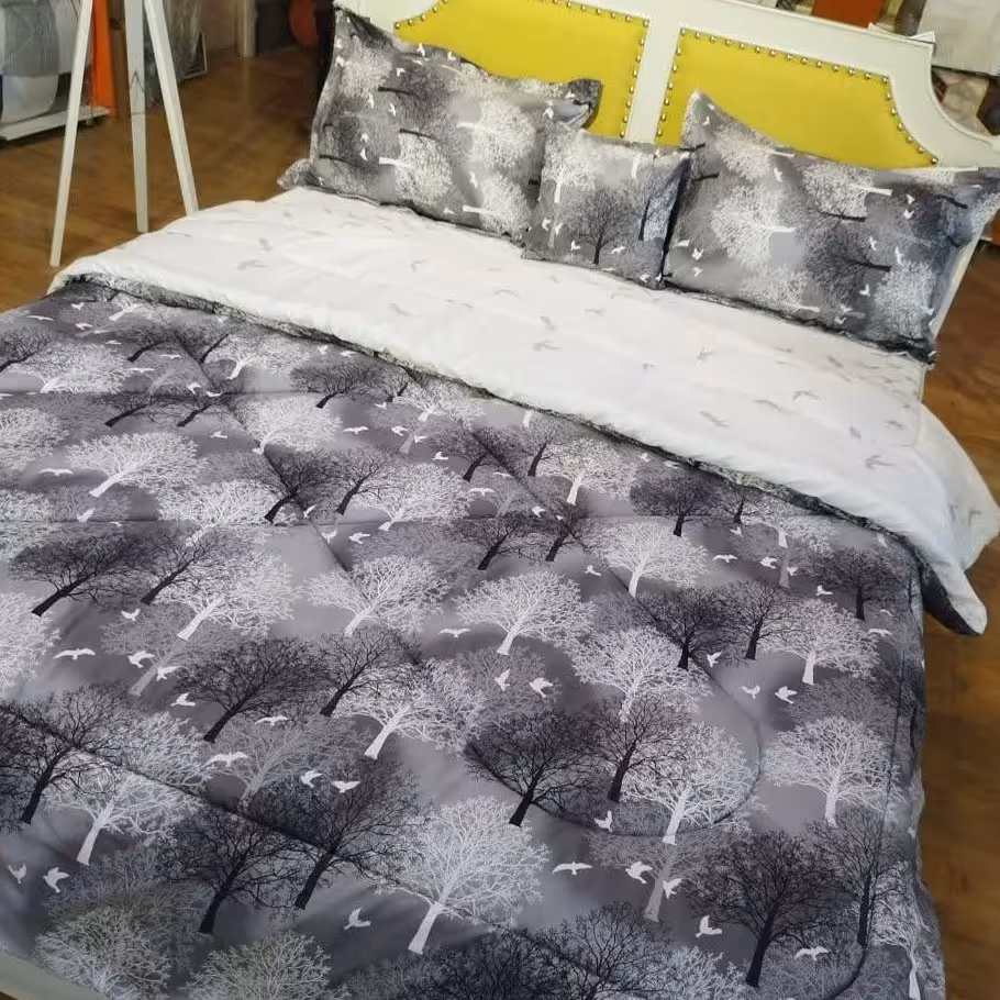 روتختی نخ براش تکنفره سایز 120 کد 355 سفید طوسی طرح شاخه ای دو رو