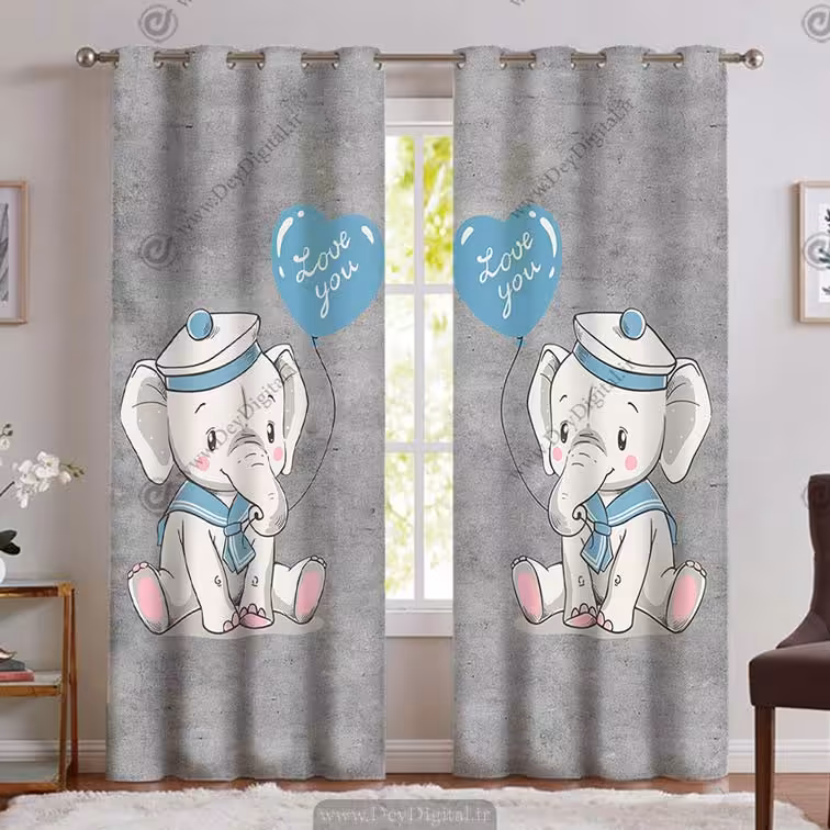 پرده چاپی اتاق کودک طرح فیل و بادکنک آبی PK-4563