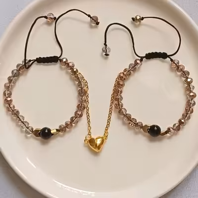 ست دستبند دوستی مگنتی قلبی طلایی کریستالی دو رنگ