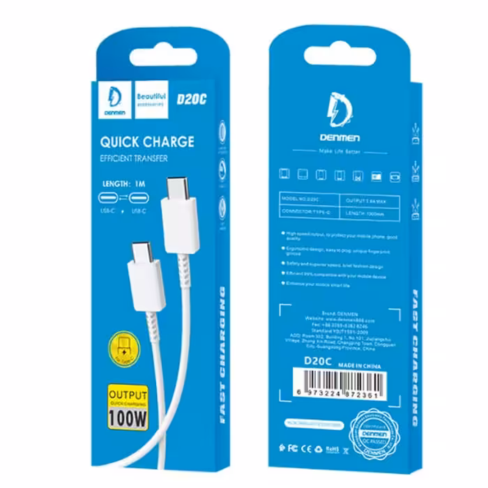سیم شارژر دو سر type c برند denmen مدل D20C صد وات خروجی 