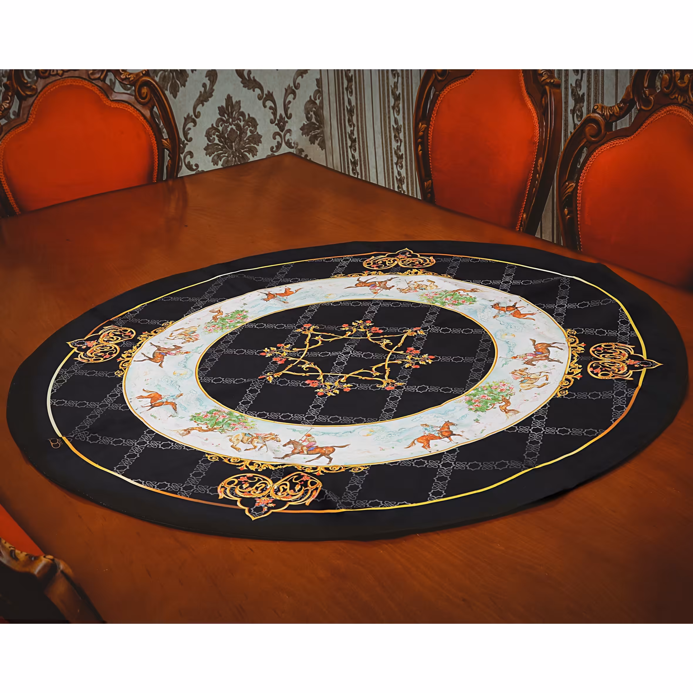 رومیزی دایره سایز 100 طرح چوگان مشکی