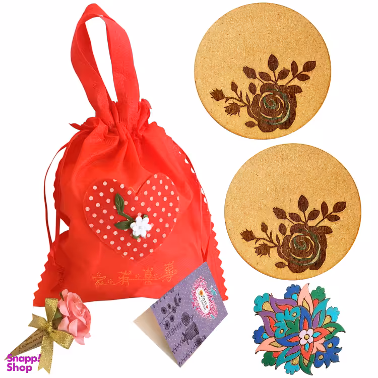 پک هدیه زیر لیوانی و گل سینه طرح رز سیلوت مجموعه 6 عددی