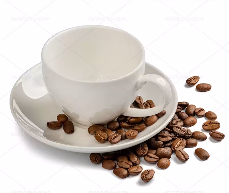 عکس دانه های قهوه با فنجان سفید | گرافیک با طعم تربچه