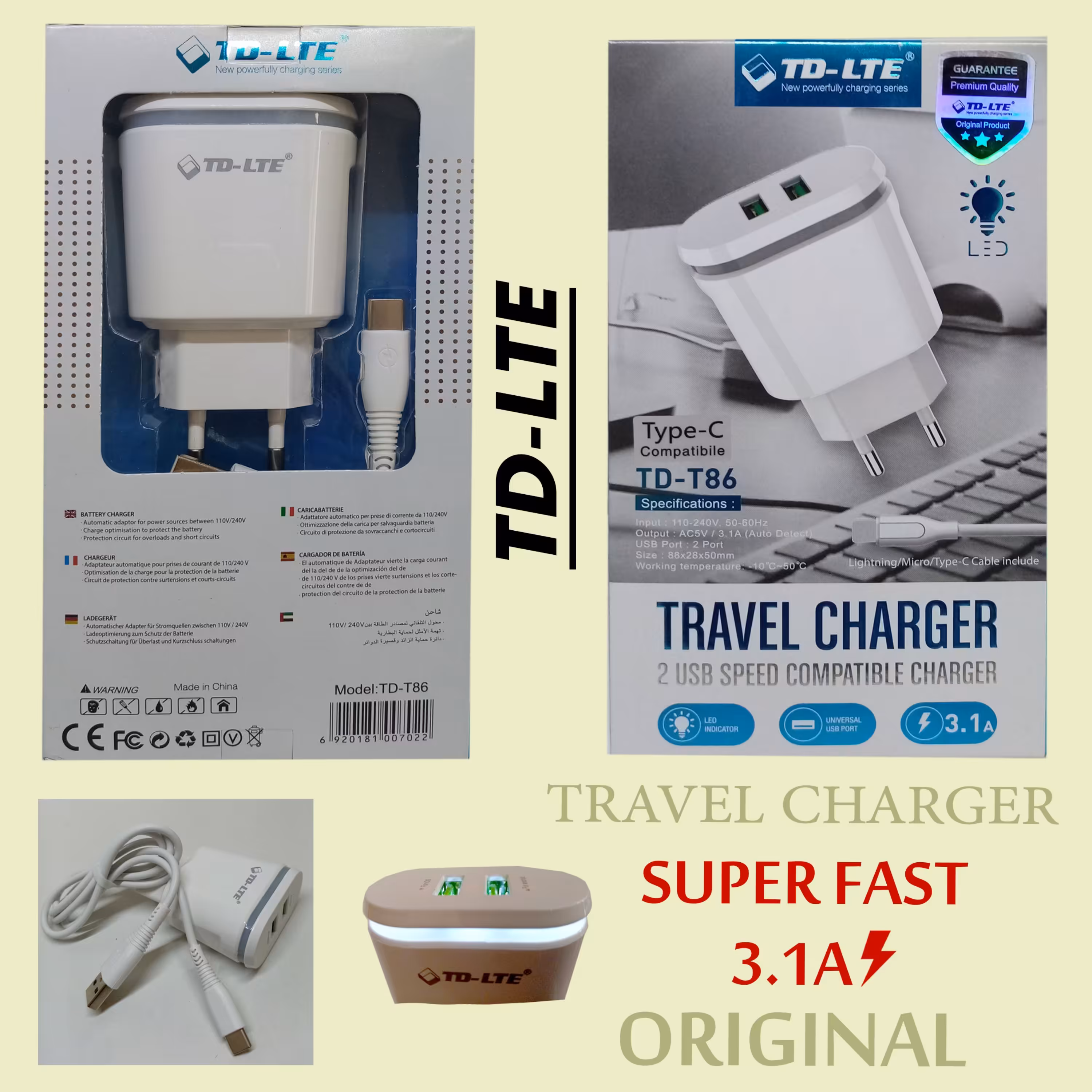 شارژر TD-LTE،مدل T86، سوپر فست،همراه با کابل MICRO USB