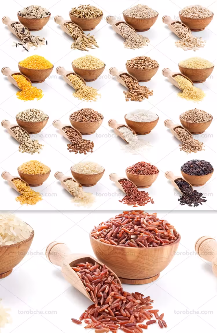 عکس با کیفیت انواع برنج و گندم در ظرف چوبی | گرافیک با طعم تربچه