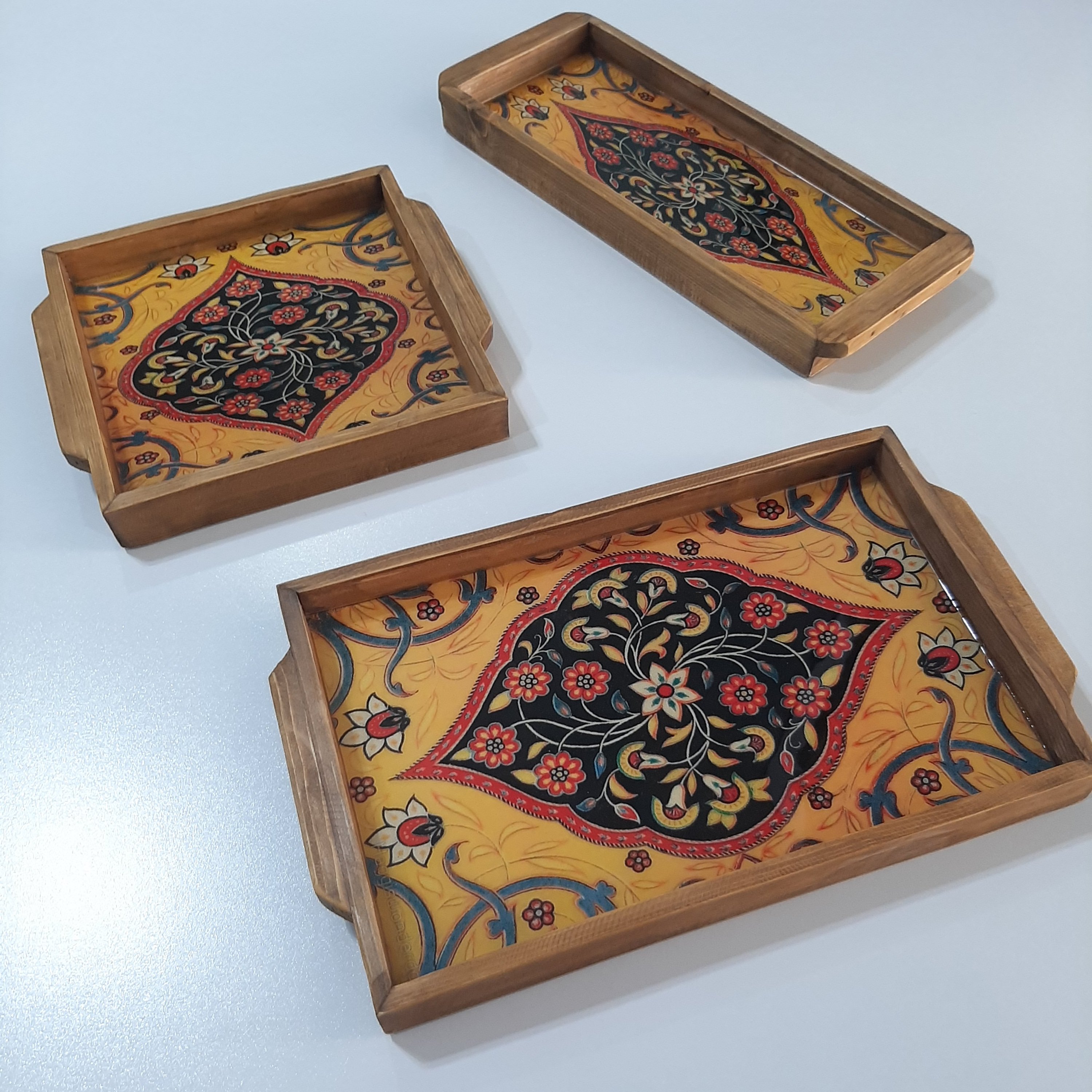 سینی چوبی کف رزین مجموعه سه عددی رولت خوری سایز متوسط مربعی و سایز بزرگ مستطیلی