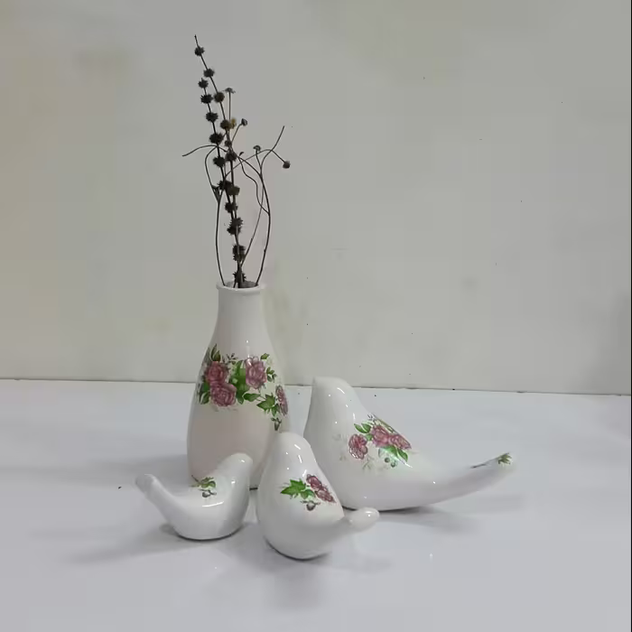 ست پرنده و گلدان گلسرخی سرامیکی کد 1