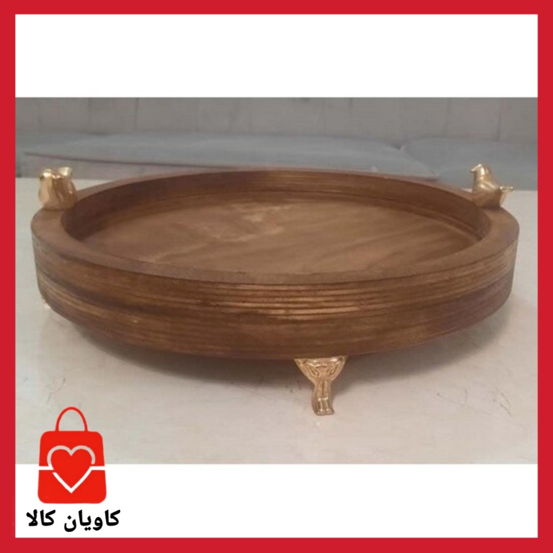 سینی میوه خوری گرد چوبی با پرنده طلایی
