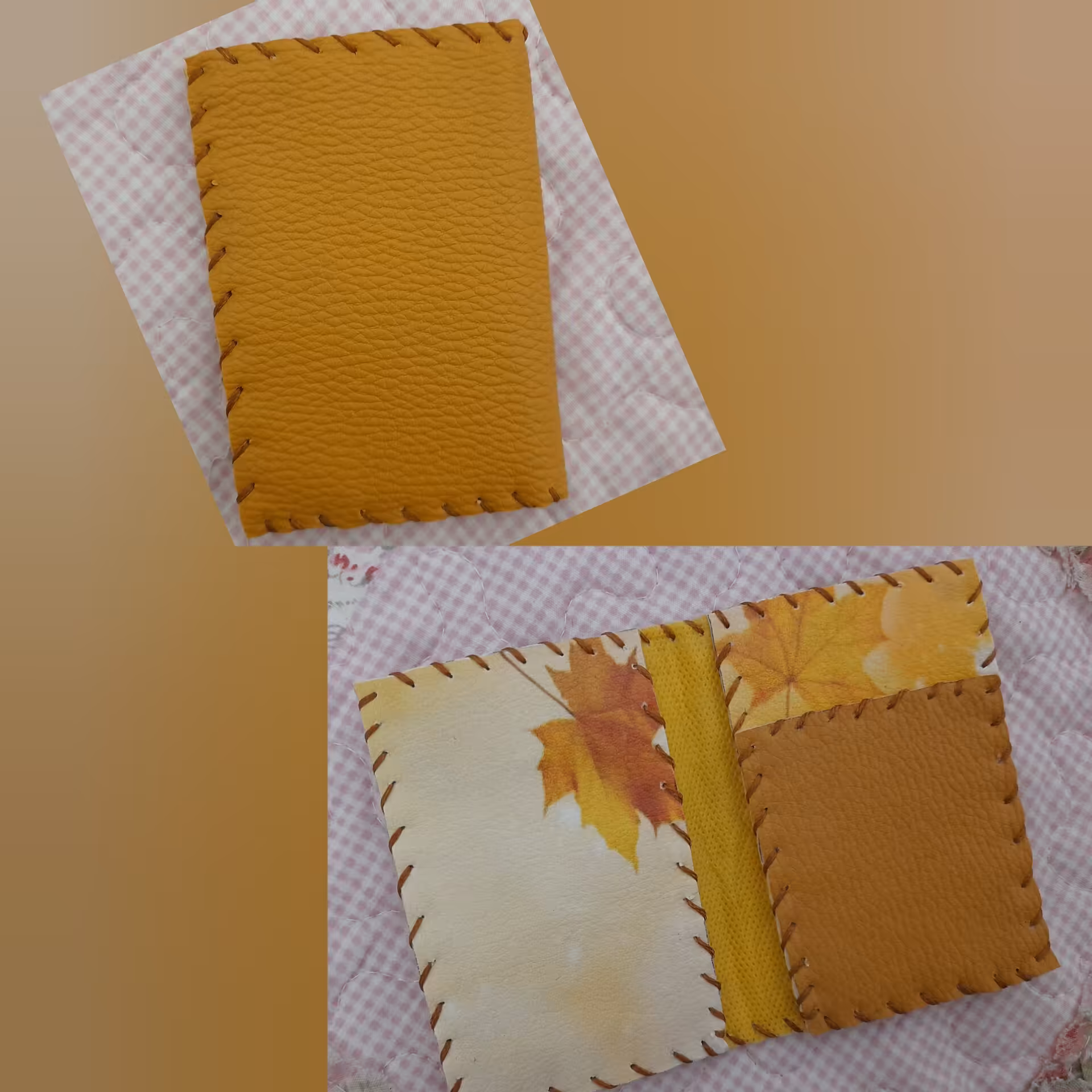 جاکارتی چرم مصنوعی دست دوز طرح پاییزی با سه جای کارت 