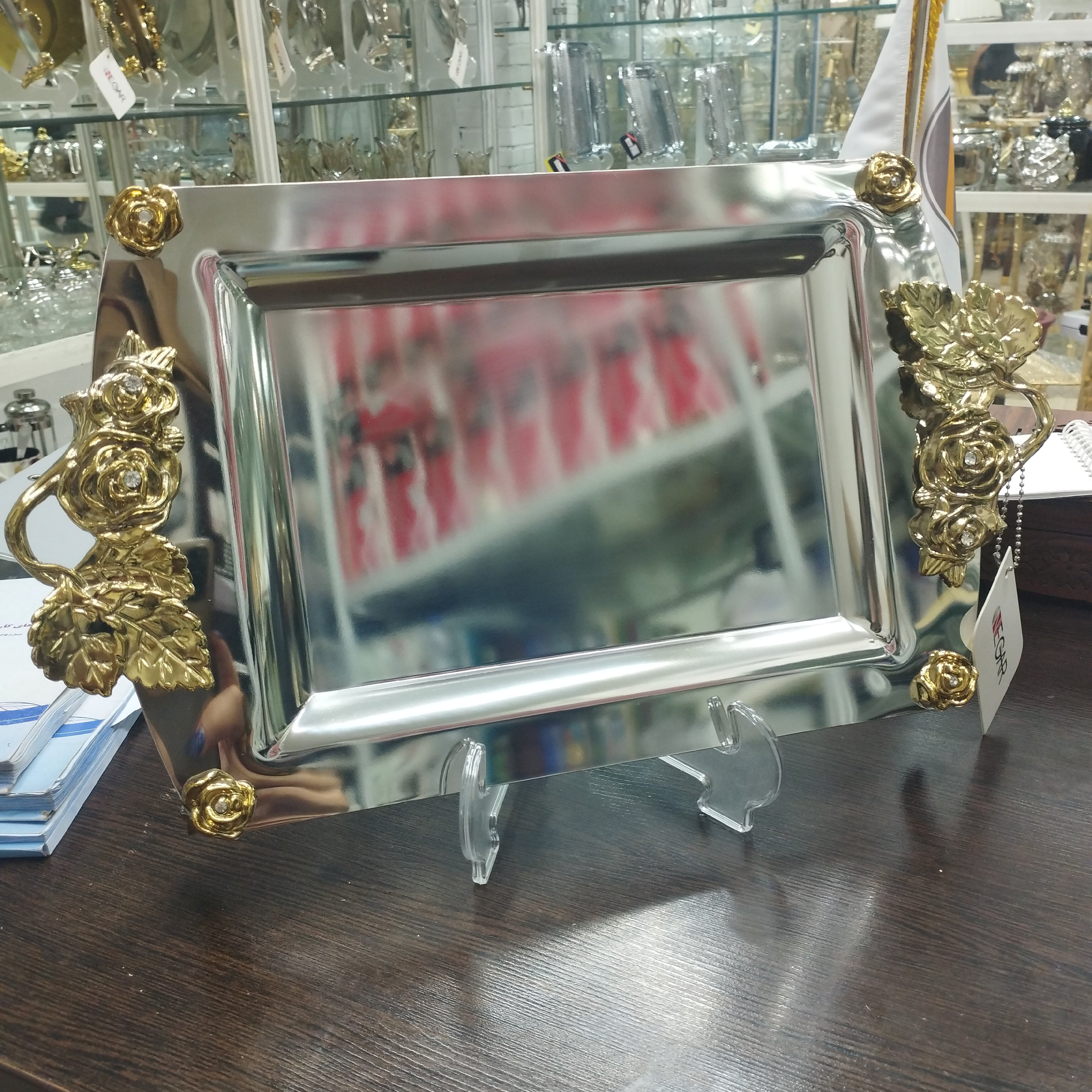 سینی استیل نگار دسته طلایی - استیل نگیر - سایز کوچک