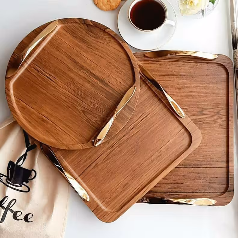 سینی چوبی روکش دار ضد اب دسته طلایی در 3 سایز  مستطیل مربع و گرد  با  ارسال رایگان 