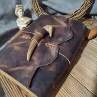 کلاسور  چرمی 21 در 16 ، چرم گاوی افکتی قهوه ای مات، همراه صد برگ کاغذ خط دار نخودی، شاخ چوبی دستساز، یک جیب و جای کارت 