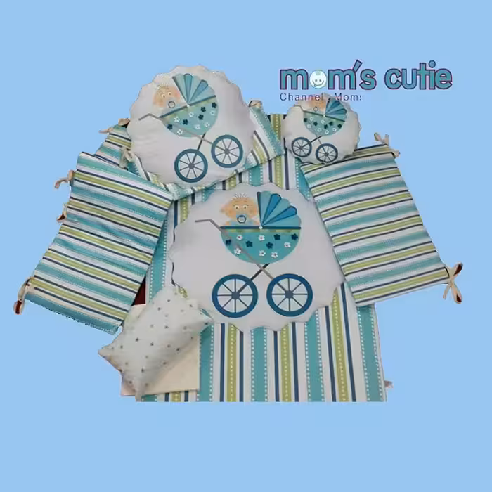 سرویس 7 تکه تختخواب کودک (mom,s cutie) مامز کیوت طرح کالسکه رنگ آبی