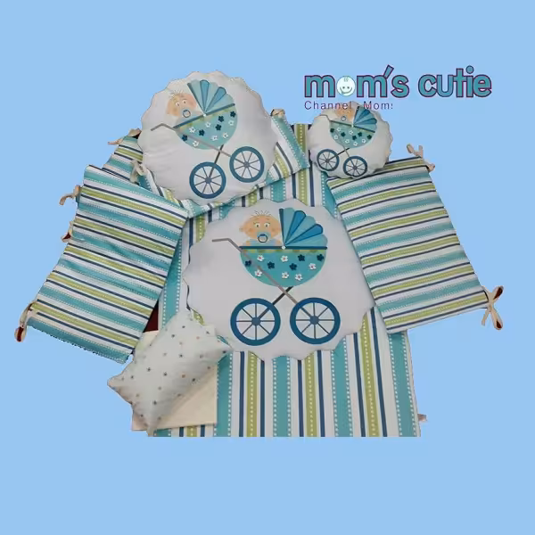 سرویس 7 تکه تختخواب کودک (mom,s cutie) مامز کیوت طرح کالسکه رنگ آبی
