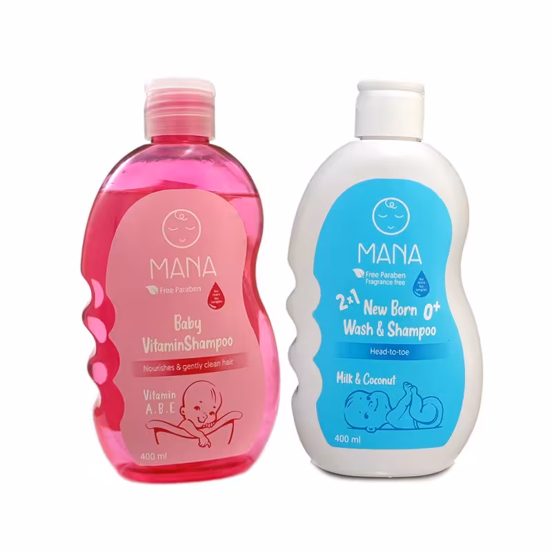 شامپو بچه سر و بدن مانا مدل پروتئین روغن نارگیل و ویتامینه حجم 400 میلی 