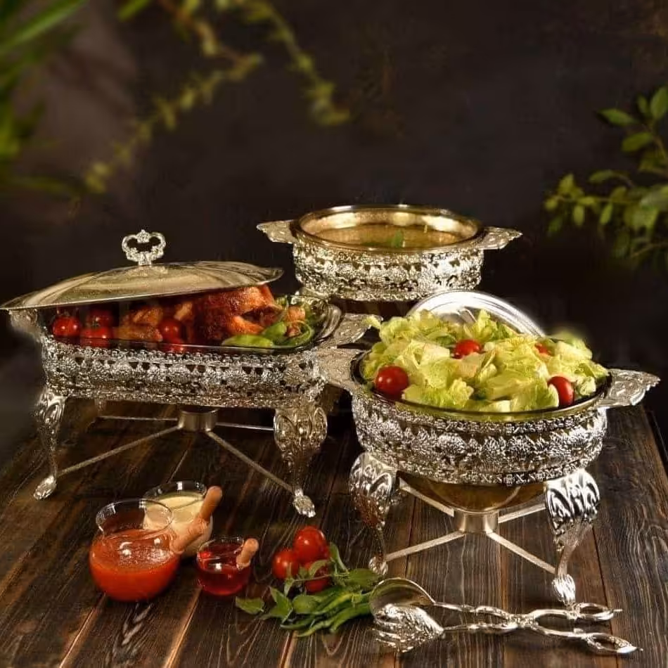 ست سوفله خوری مرغ ، سوپ و سالاد پیوتر نقره ای طرح ترنج ( سوفله مرغ خوری سفره سوپ خوری سوفله سالاد خوری )