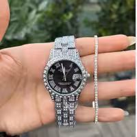 ست ساعت دستبند فول نگین بند فلزی صفحه مشکی