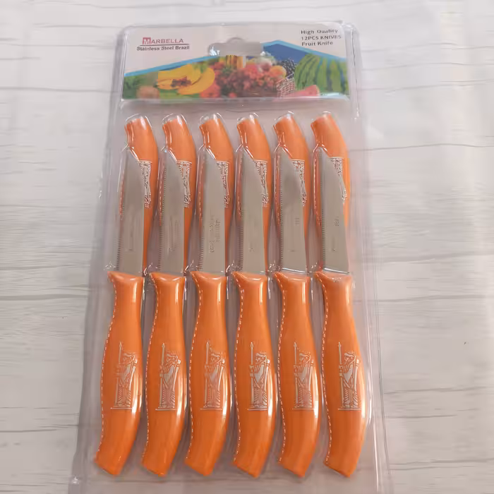 چاقو میوه خوری ماربلا 12 عددی طرح هخامنشی برجسته تیغه استیل دسته پلاستیک فشرده وارداتی برزیل کارد میوه خوری رنگ نارنجی 