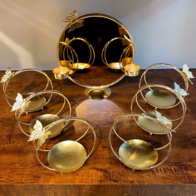 هفت سین گرد پروانه طلایی همراه با آینه و شمعدان 